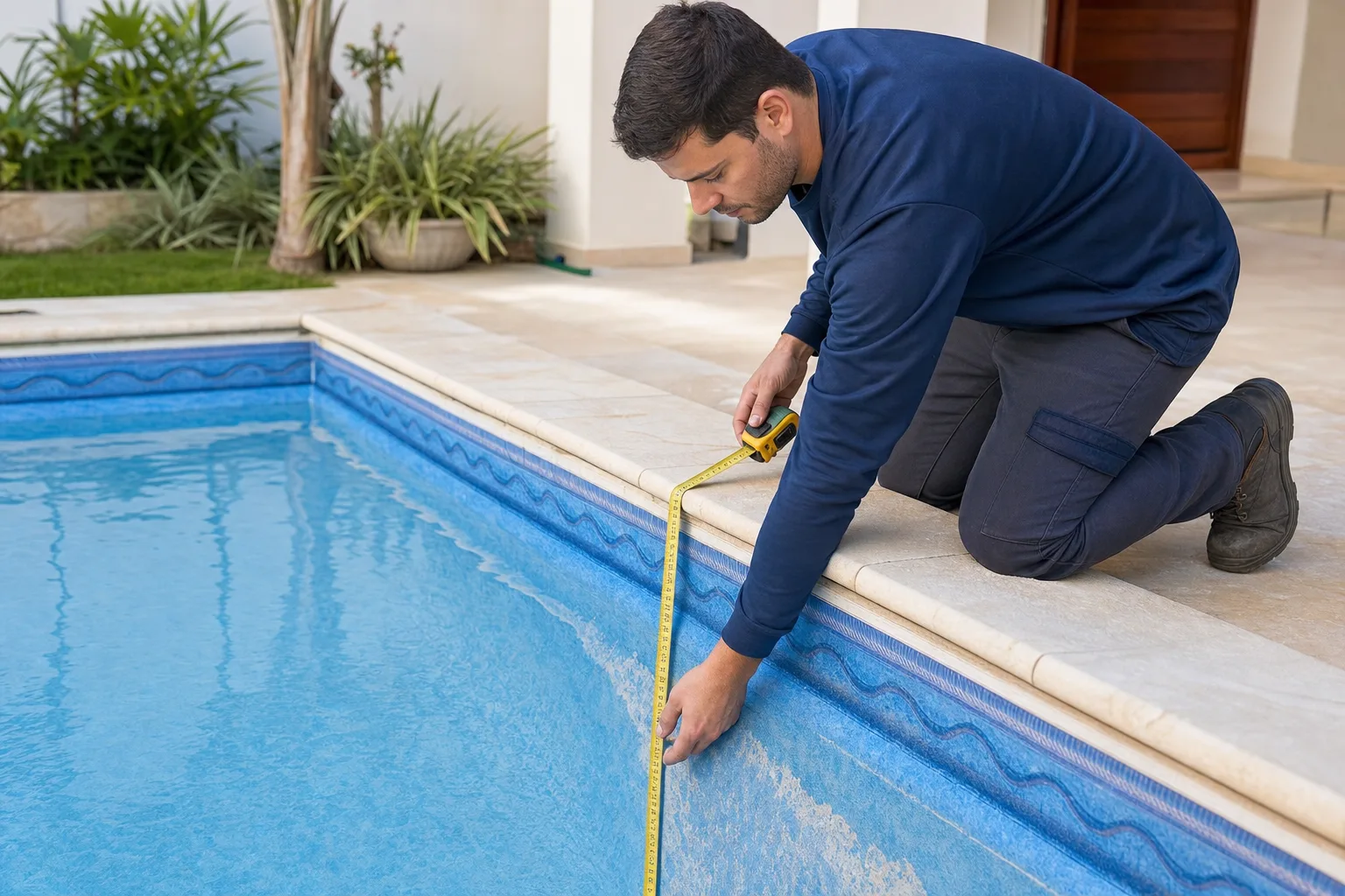 Técnico medindo o revestimento de vinil azul de uma piscina antes da troca do bolsão