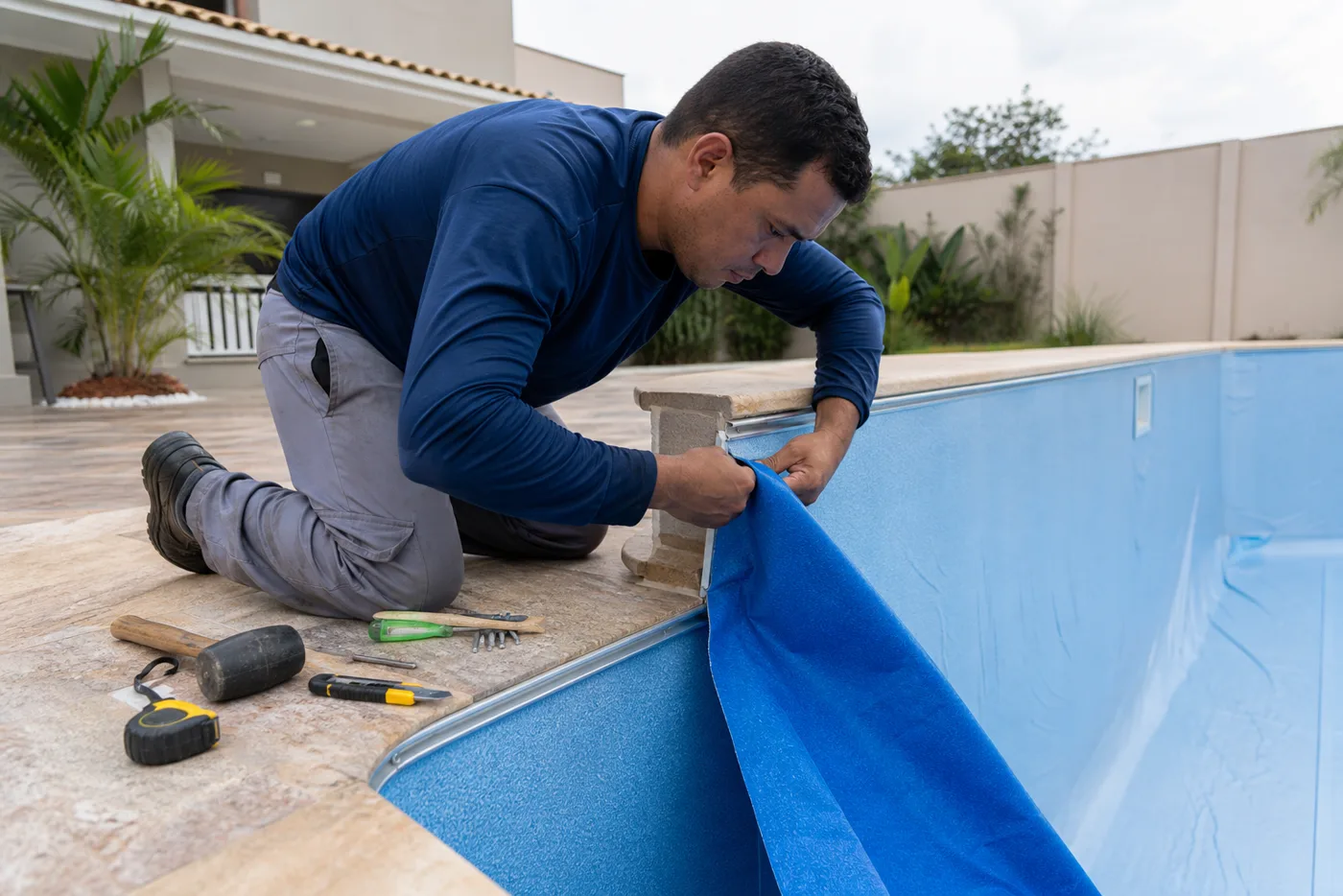 Técnico encaixando revestimento vinílico azul durante troca de vinil de piscina no Bairro Cardoso em Aparecida de Goiânia