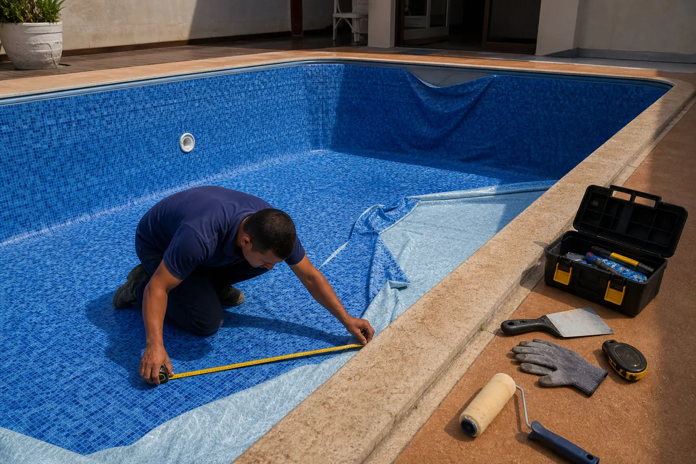 Técnico medindo piscina vazia com revestimento vinílico azul sendo instalado durante troca de vinil