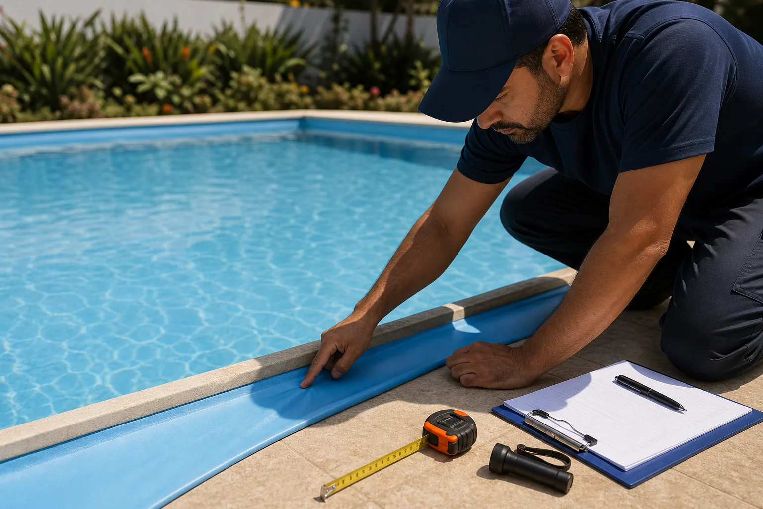 Técnico inspecionando borda e revestimento vinílico azul de piscina com trena e prancheta