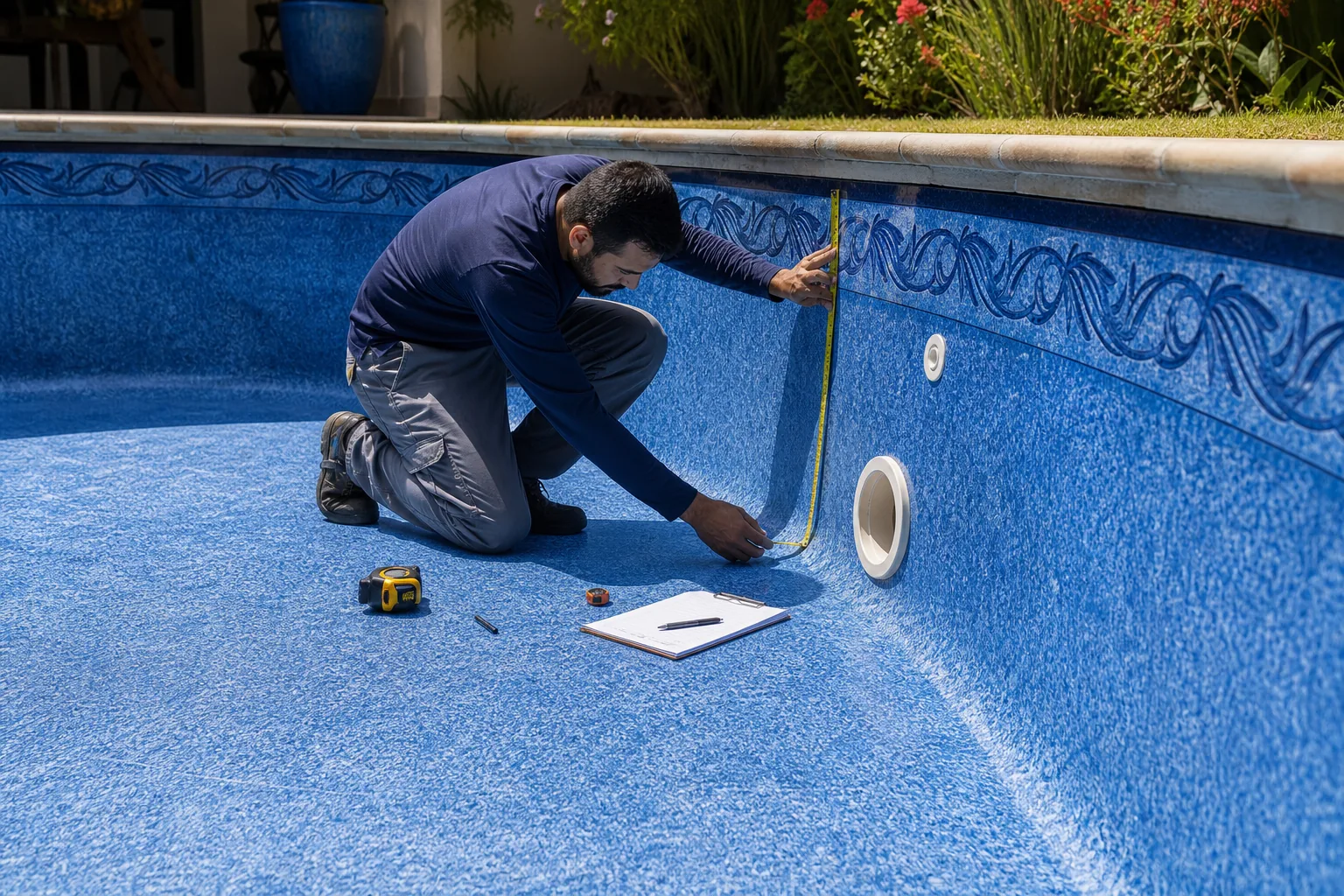 Técnico medindo laterais e fundo de piscina com revestimento vinílico azul para troca sob medida