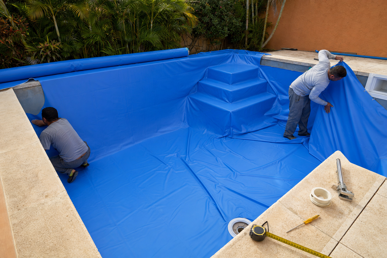 Dois técnicos posicionando manta de vinil azul em piscina vazia com escada cantos dreno e ferramentas de medição
