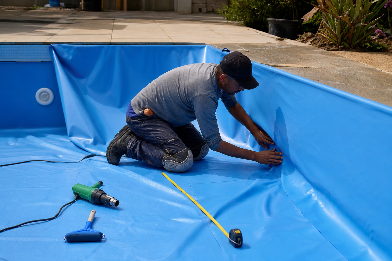 Técnico instalando vinil azul em piscina residencial vazia com trena rolo e soprador térmico no piso