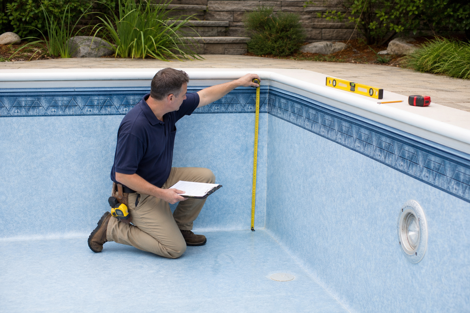 Técnico medindo parede de piscina com revestimento vinílico azul para troca de vinil no Jardim América em Goiânia