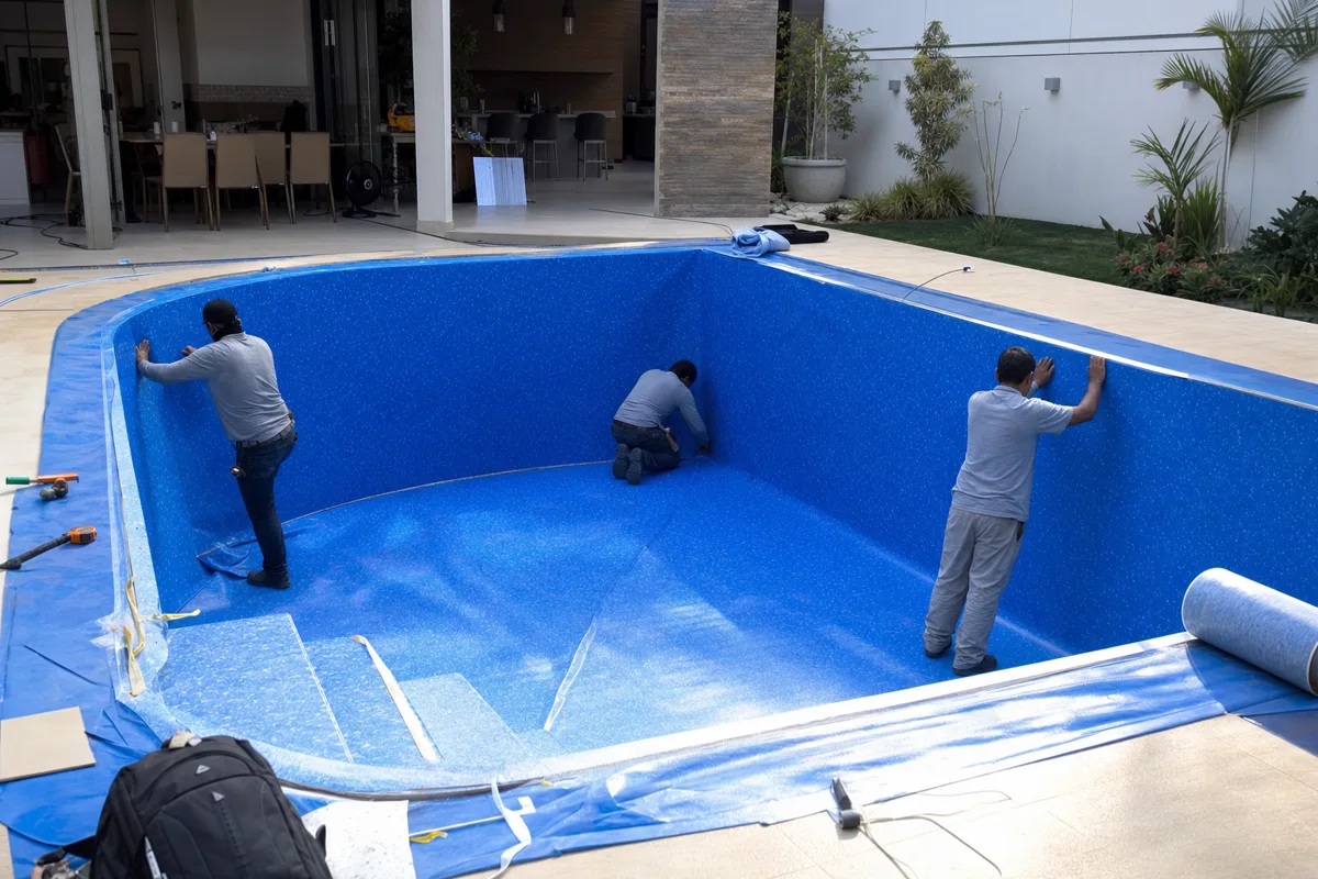 Técnicos instalando revestimento de vinil azul em piscina residencial