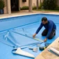 Técnico medindo novo vinil azul durante troca de revestimento em piscina residencial