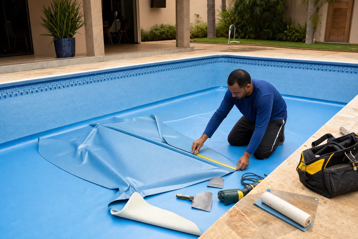 Técnico medindo novo vinil azul durante troca de revestimento em piscina residencial