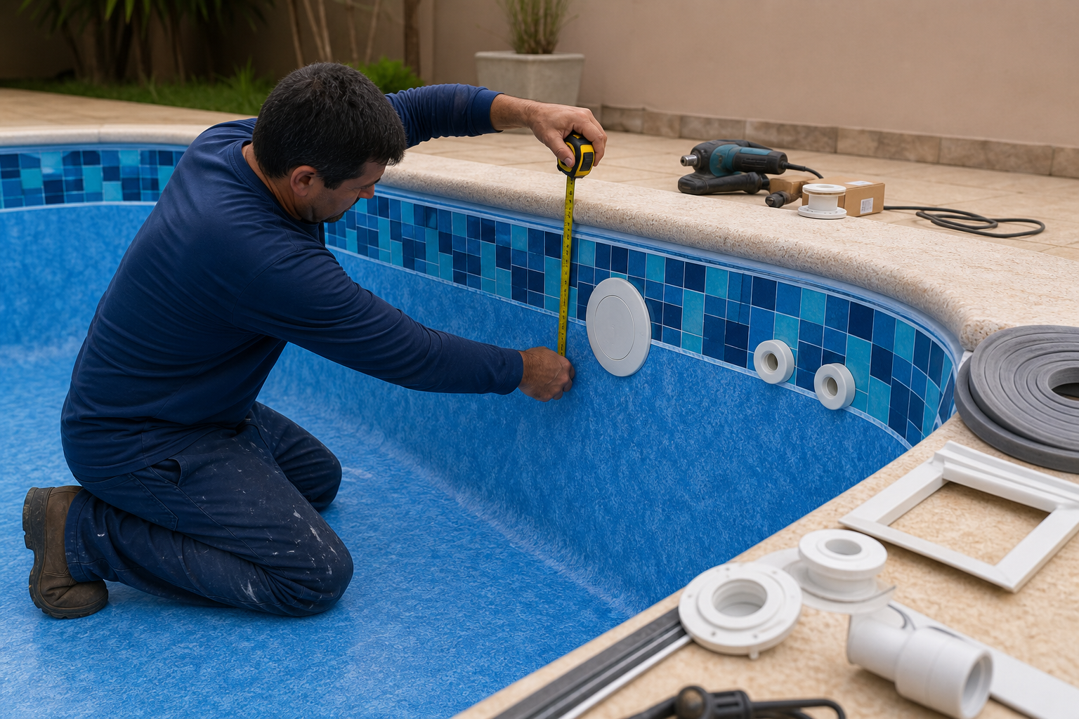 Técnico medindo vinil azul de piscina residencial para avaliar troca do revestimento e dispositivos hidráulicos