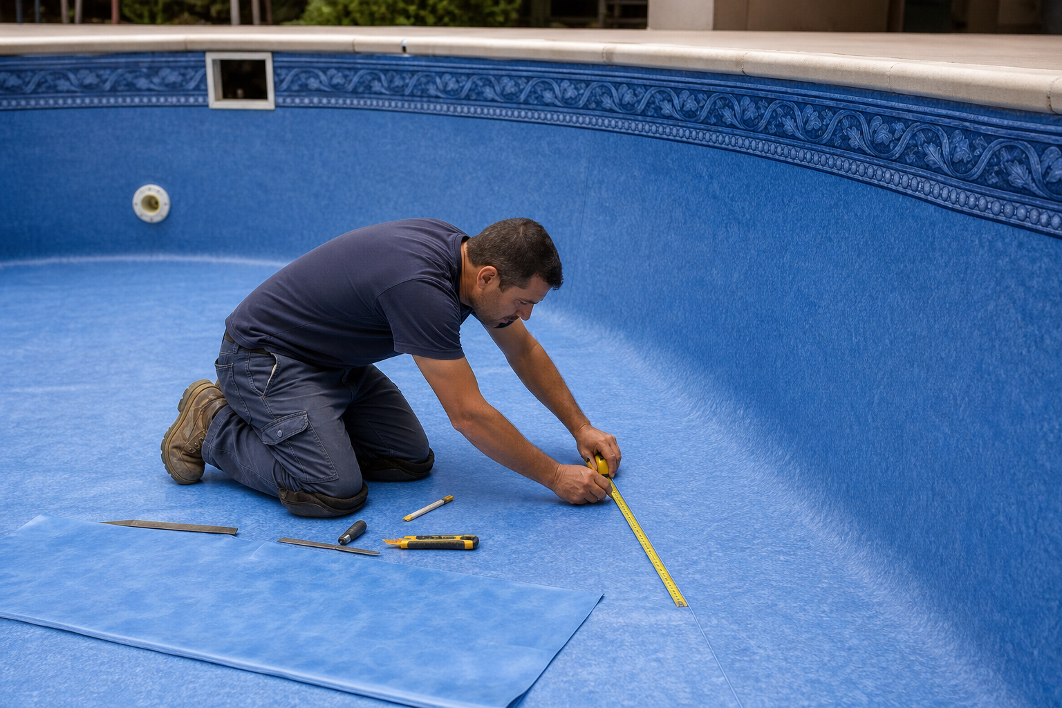 Técnico medindo vinil azul no fundo de uma piscina vazia durante troca de revestimento