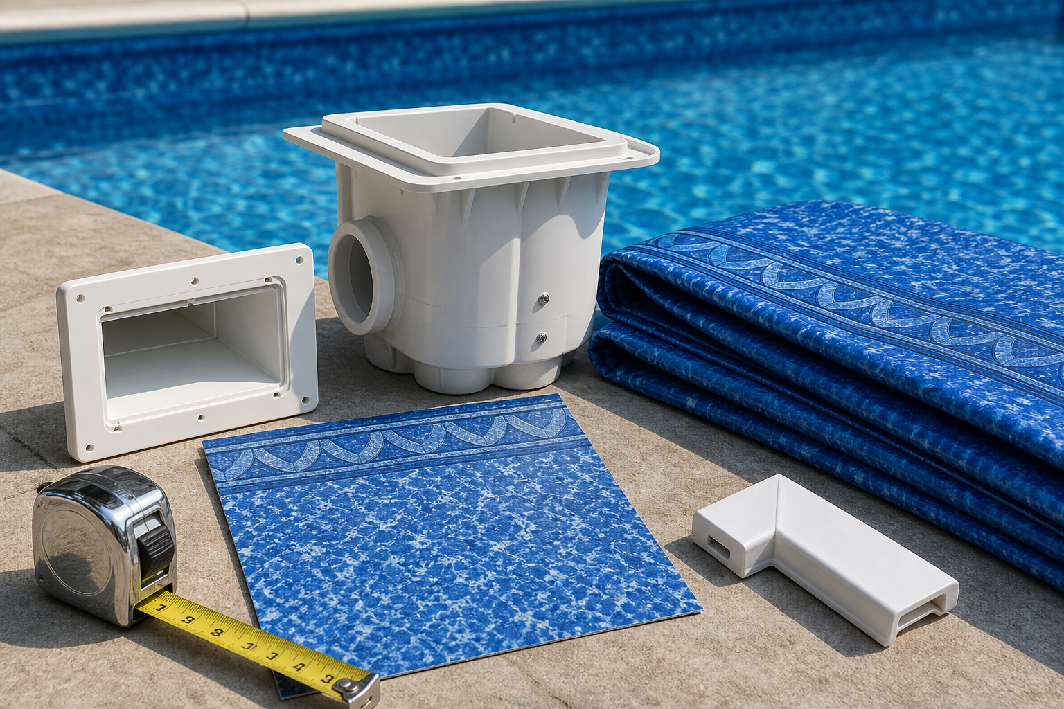 Amostra de vinil e acessórios para piscina