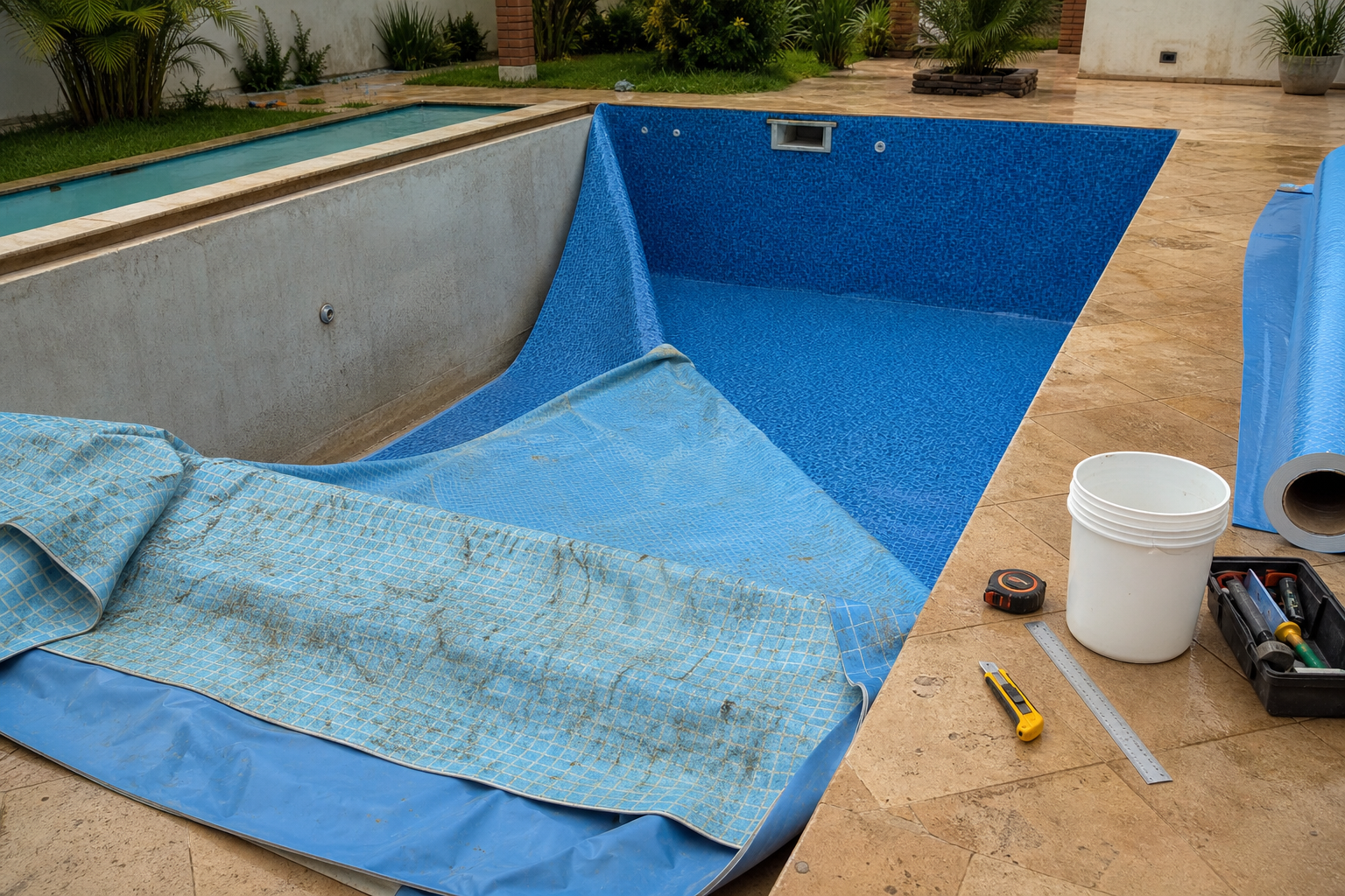 Piscina residencial com vinil antigo removido e novo vinil azul sendo posicionado para troca