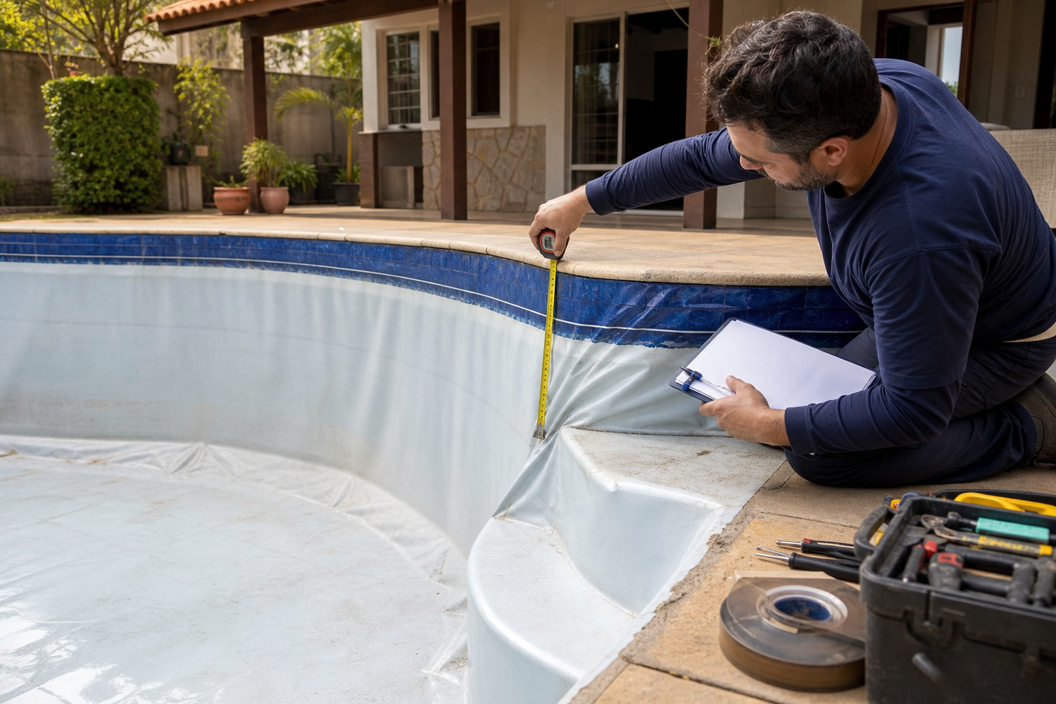 Técnico medindo borda e profundidade de piscina de vinil vazia para troca do revestimento no Nova Suiça em Goiânia