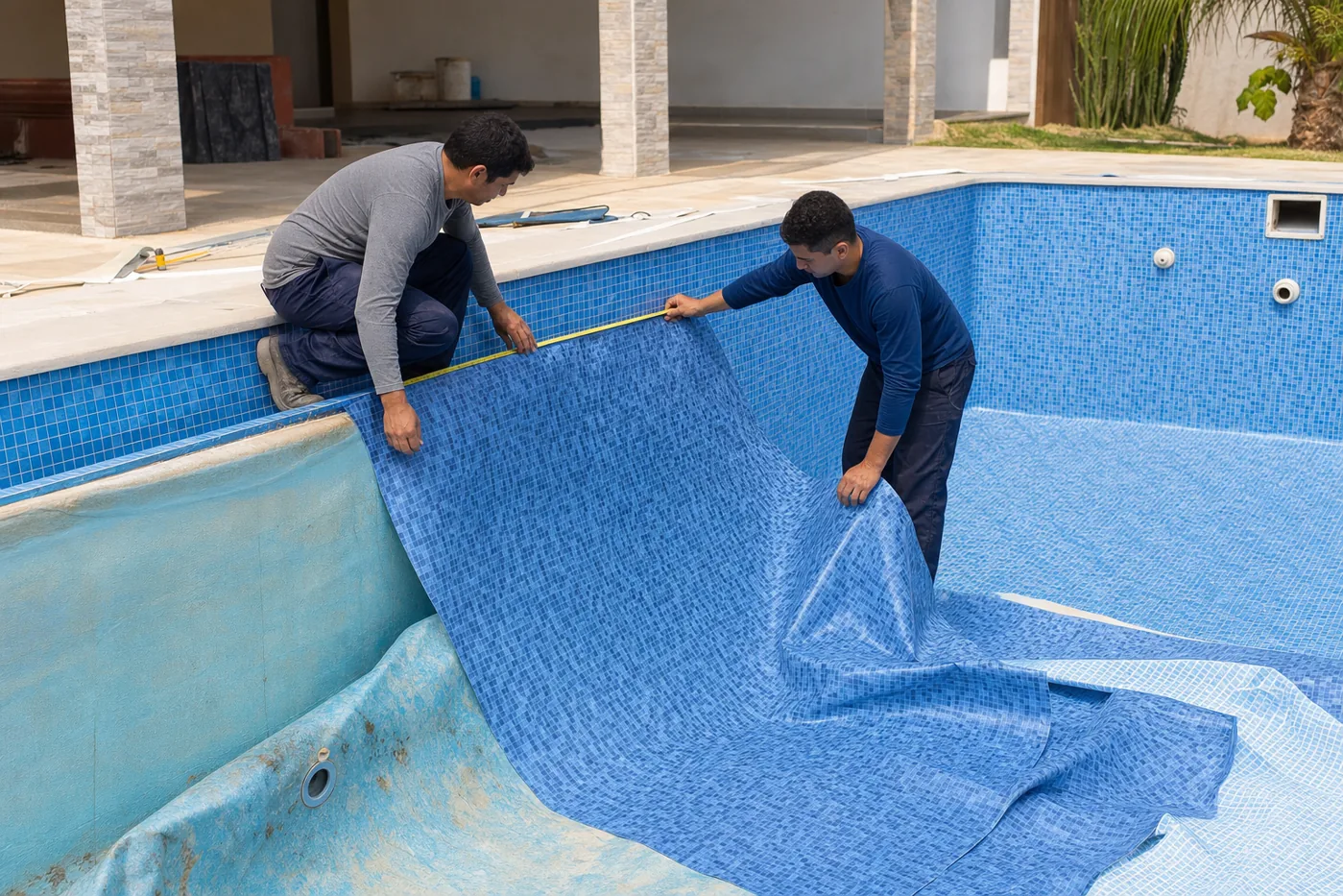 Técnicos medindo e posicionando novo vinil azul durante reforma de piscina residencial em Goiás