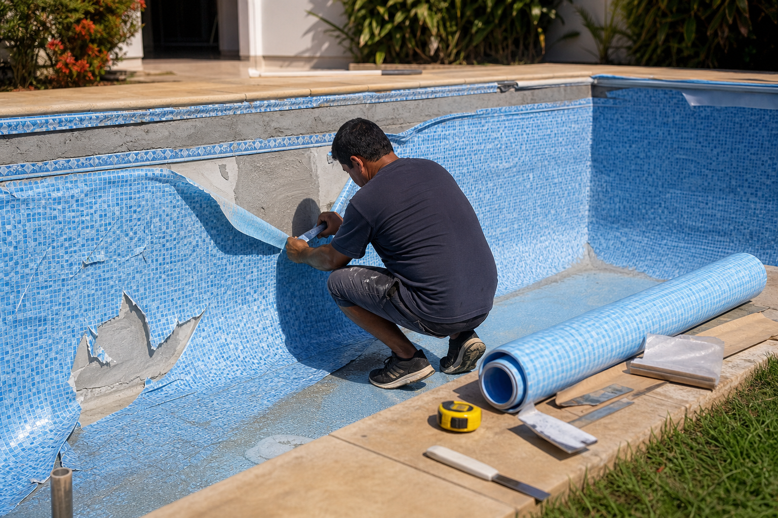 Técnico removendo revestimento vinílico antigo em piscina residencial vazia com rolo de vinil e ferramentas na borda