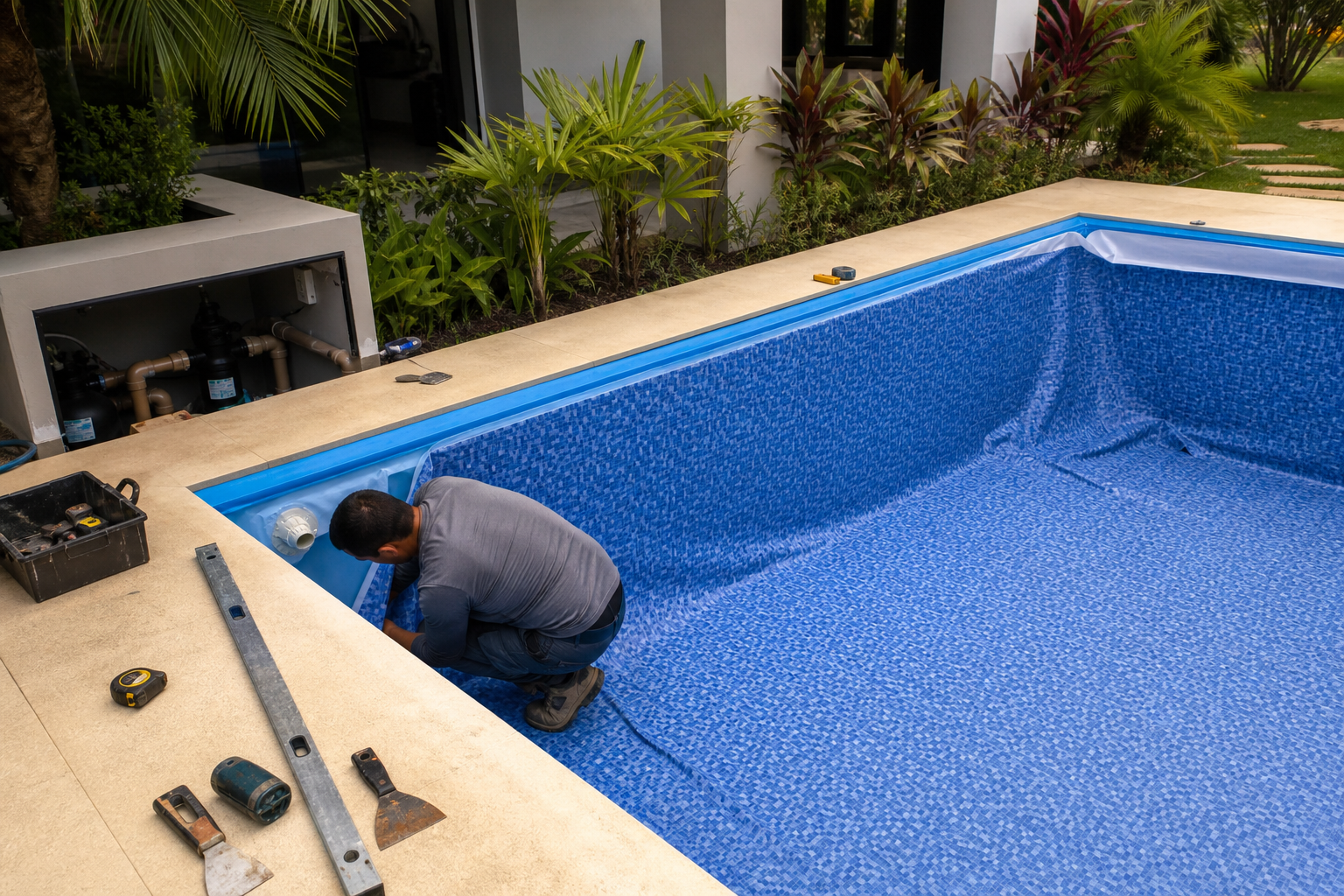 Técnico instalando revestimento vinílico azul em piscina residencial durante reforma em Goiânia