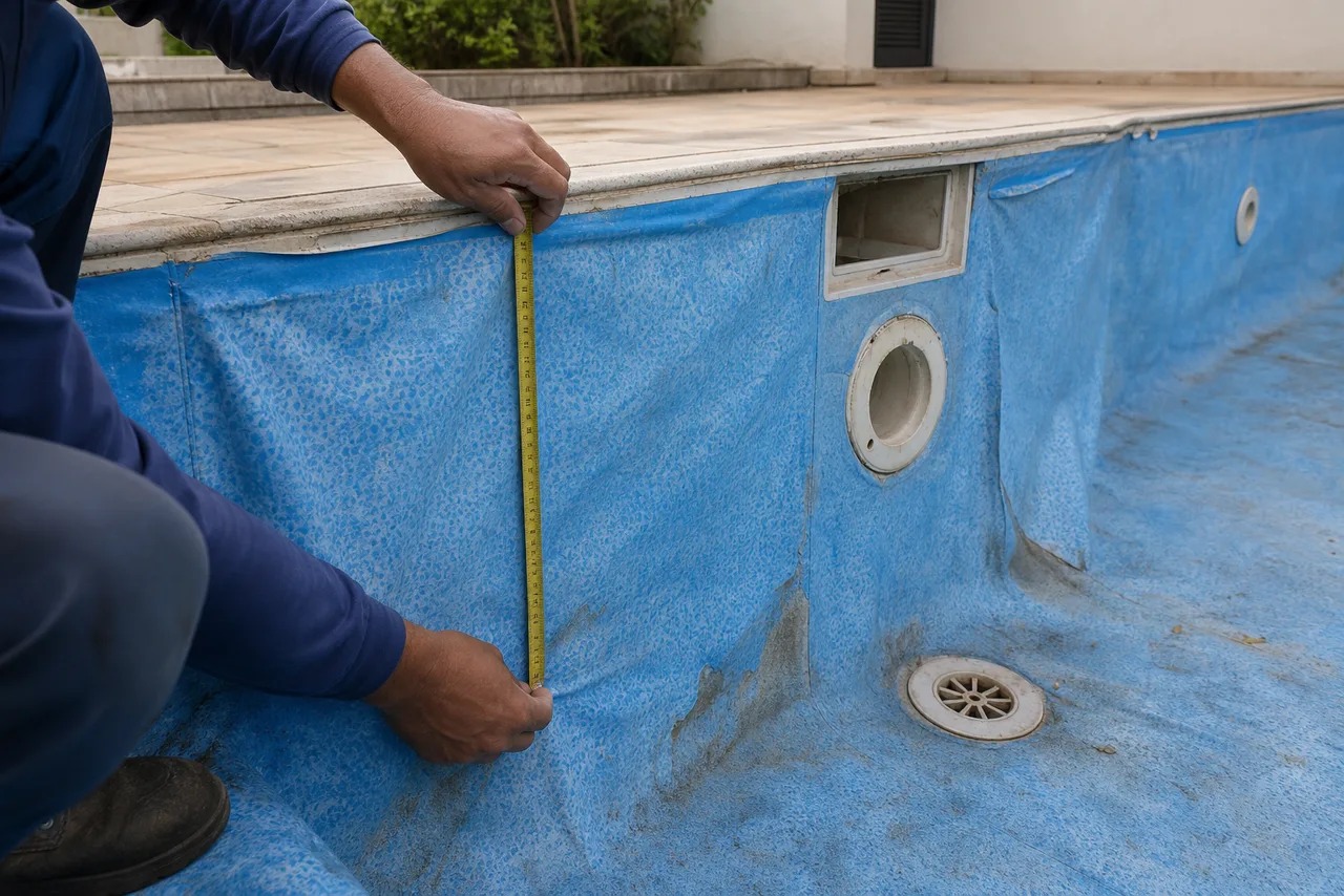 Técnico medindo vinil azul desgastado de piscina perto do skimmer e retorno antes da troca