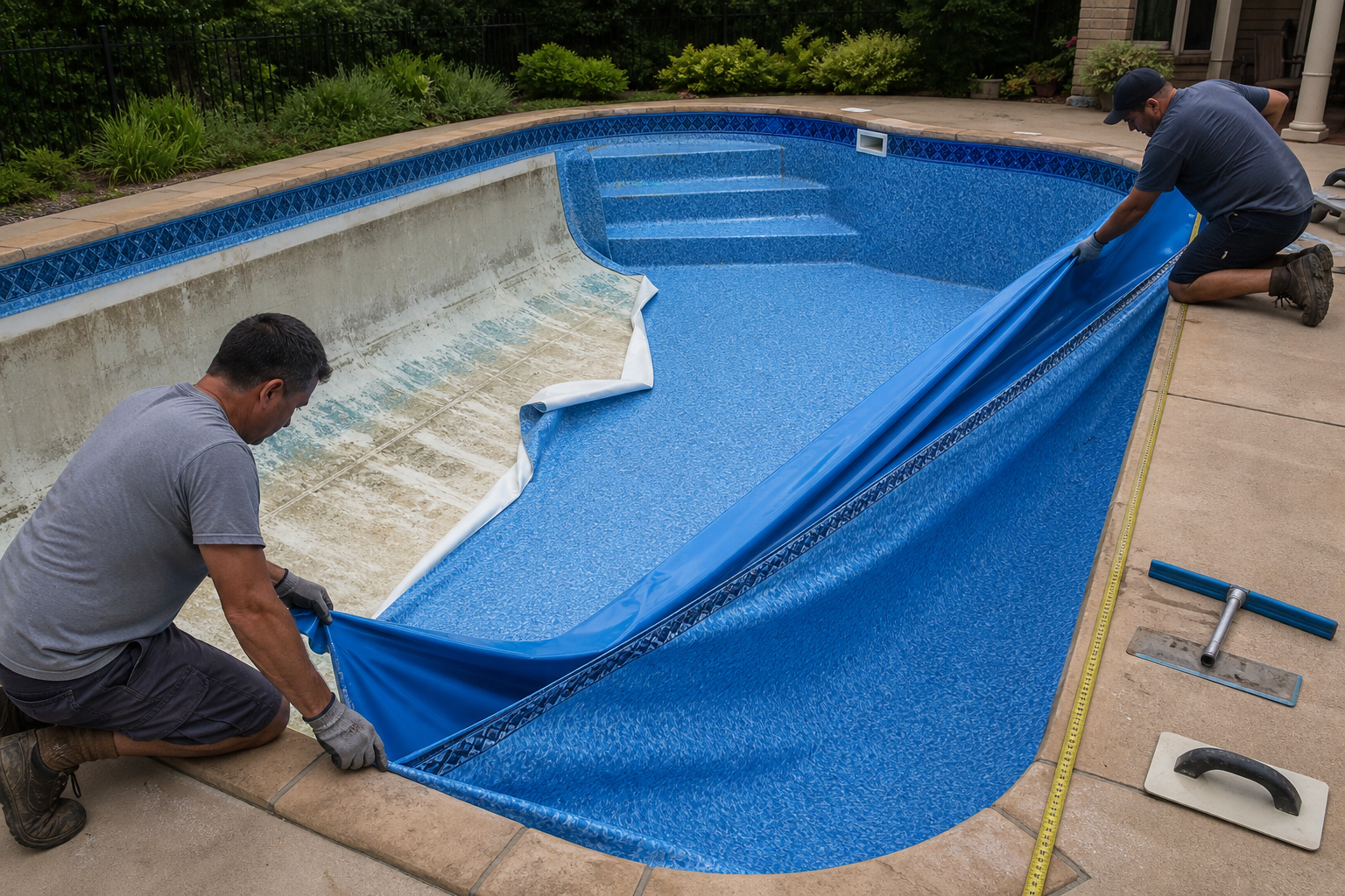 Técnicos instalando novo vinil azul em piscina residencial com manta parcialmente posicionada e bordas sendo ajustadas