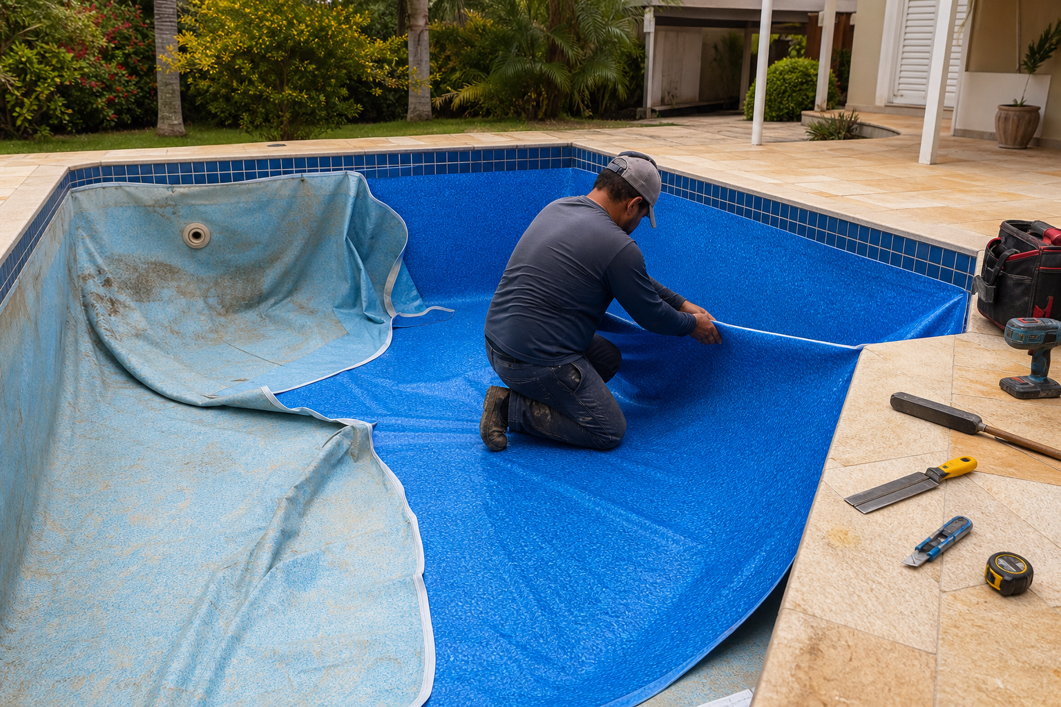 Técnico instalando vinil azul novo em piscina residencial durante troca do revestimento