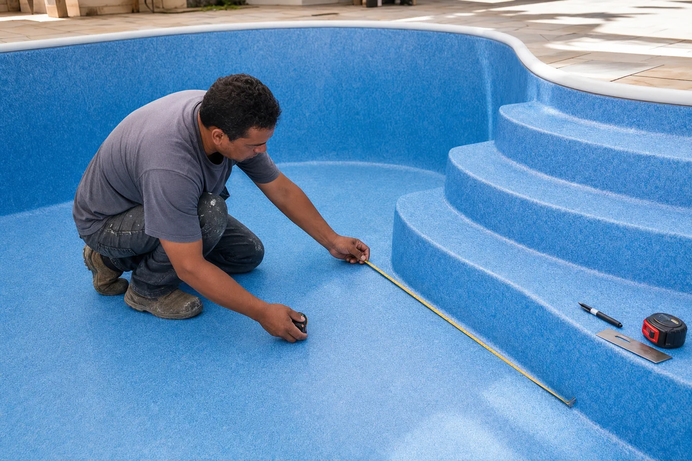 Técnico medindo novo vinil azul durante troca de revestimento em piscina residencial