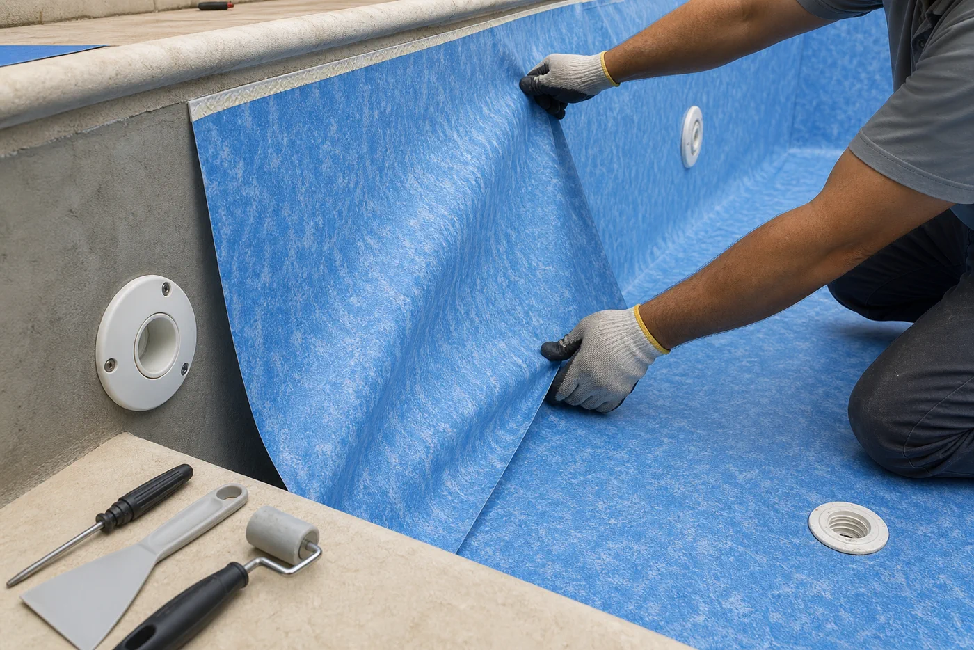 Detalhe de técnico alinhando revestimento de vinil azul novo sobre vinil antigo de piscina