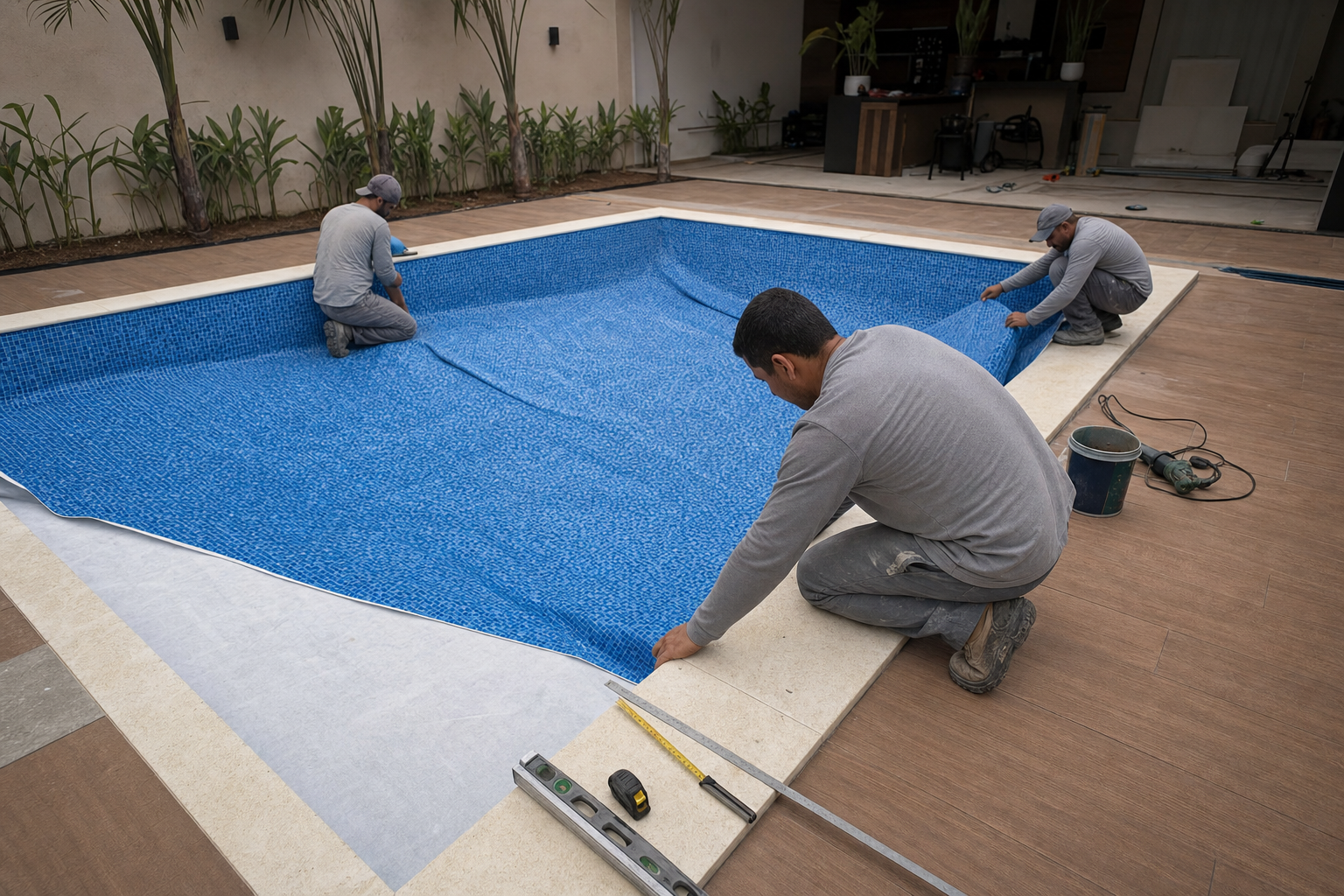 Equipe posicionando manta de vinil azul em piscina residencial durante reforma em Goiânia
