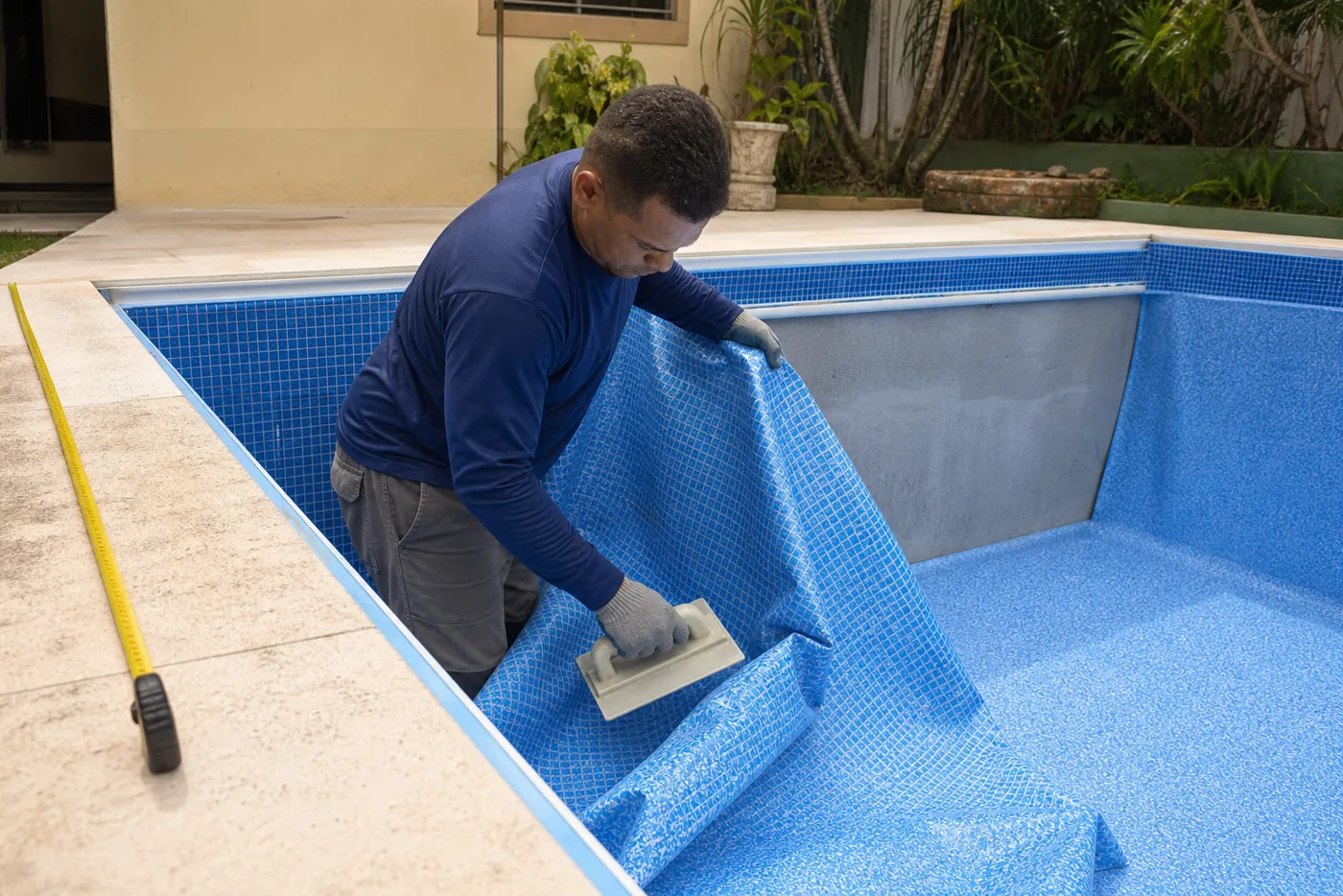 Técnico posicionando manta de vinil azul durante troca de revestimento de piscina