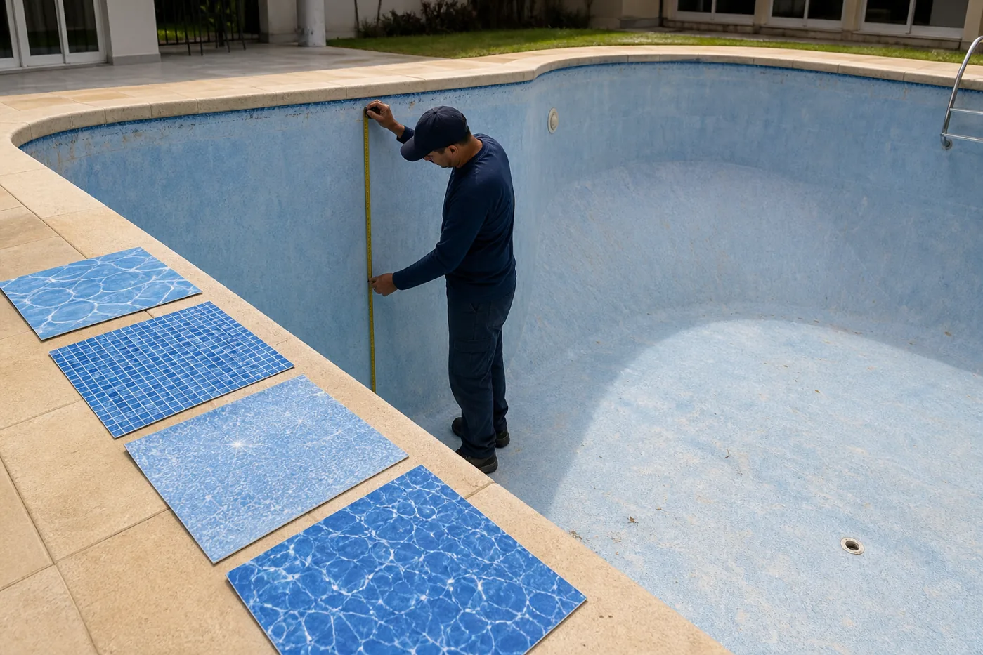 Técnico medindo piscina vazia para troca de vinil no Setor Coimbra em Goiânia