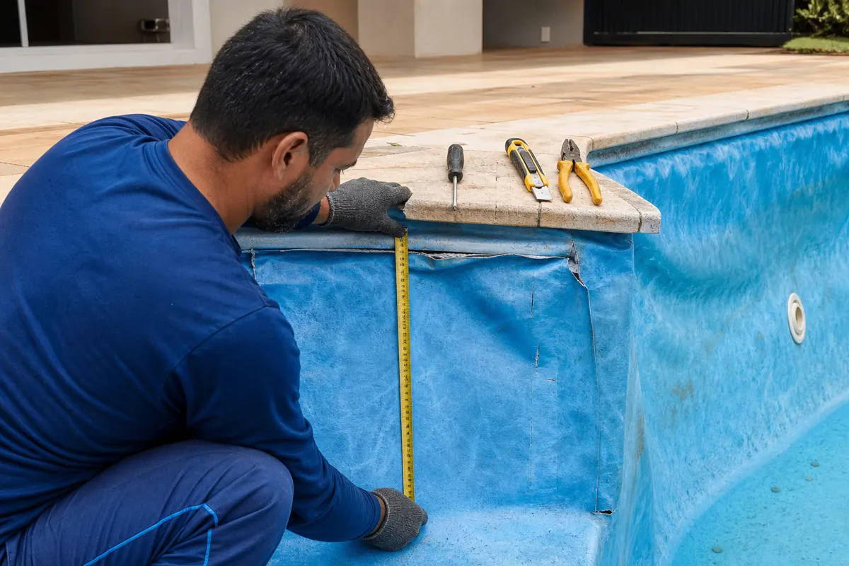 Técnico medindo parede de piscina com vinil azul desgastado para troca de vinil no Setor dos Afonsos em Aparecida de Goiânia