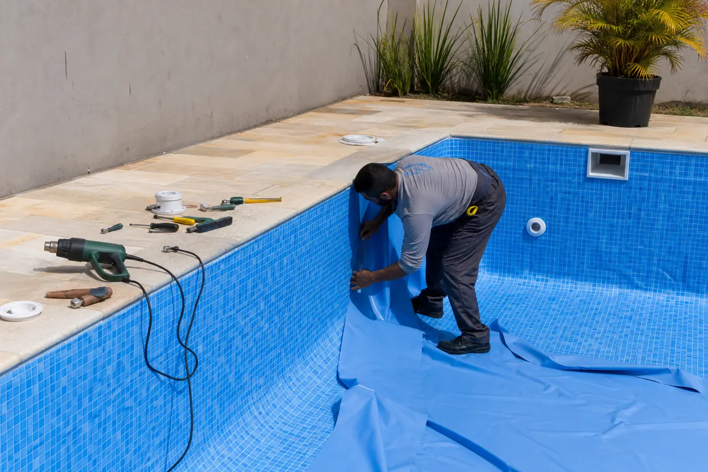 Técnico instalando revestimento vinílico azul em piscina residencial durante reforma no Setor Garavelo em Aparecida de Goiânia