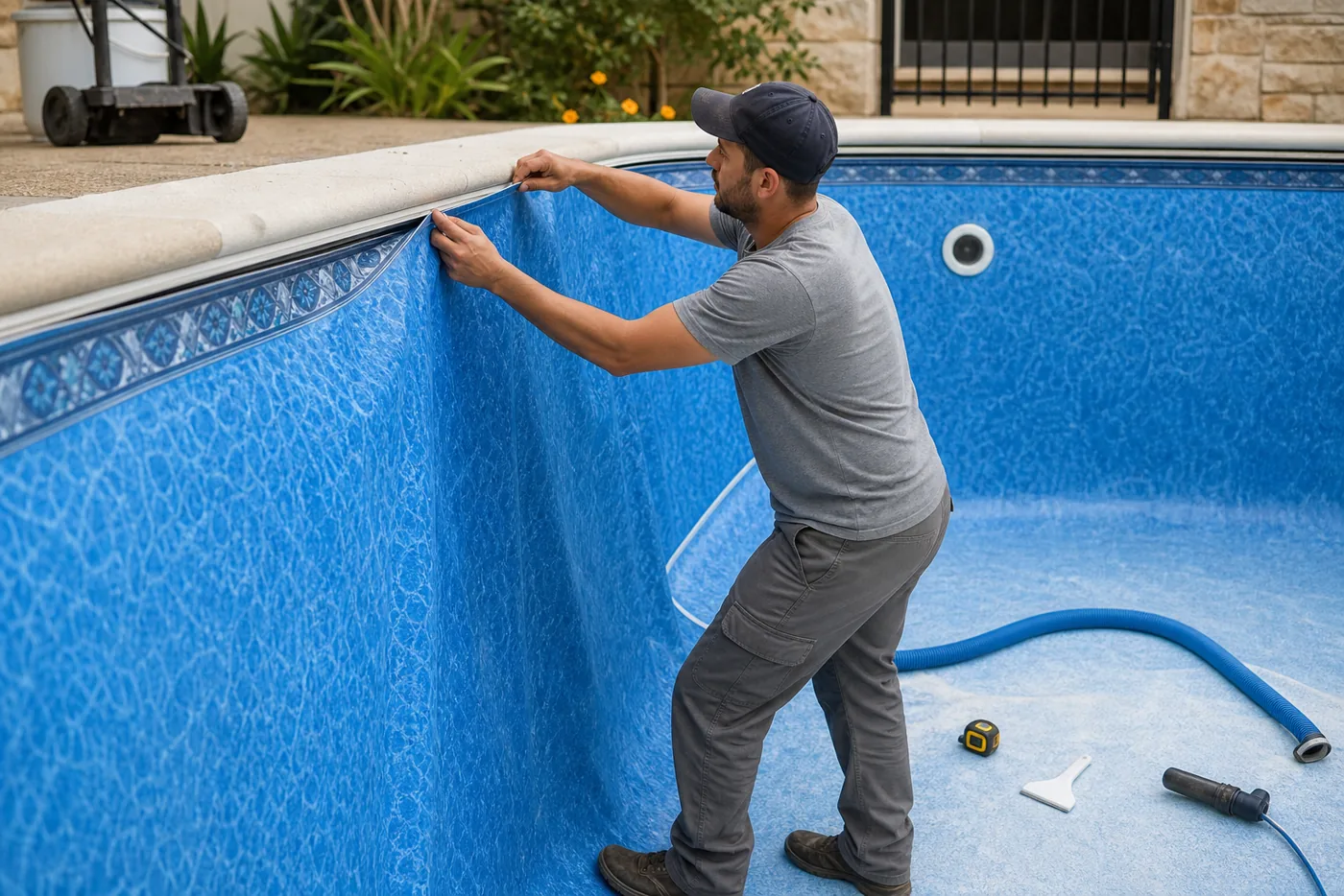 Técnico ajustando revestimento vinílico azul na parede de uma piscina