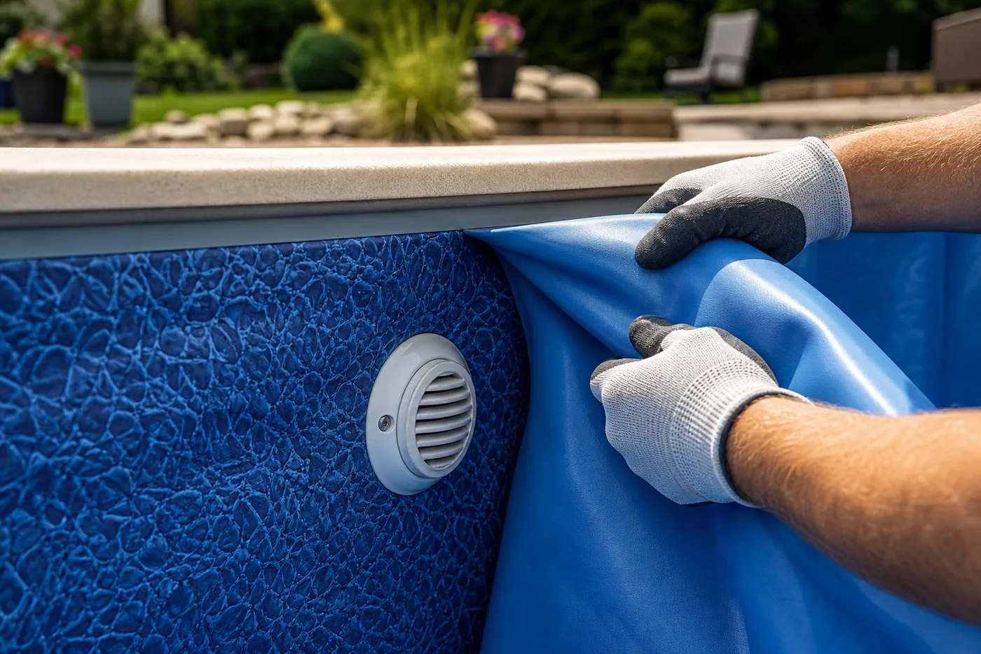 Mãos com luvas ajustando vinil azul novo ao redor de dispositivo de retorno da piscina