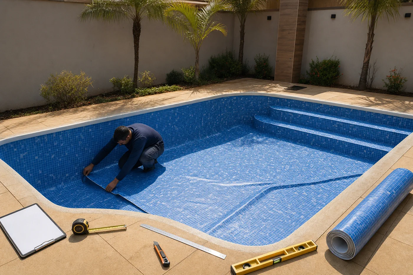 Técnico medindo e alinhando vinil azul em piscina residencial vazia