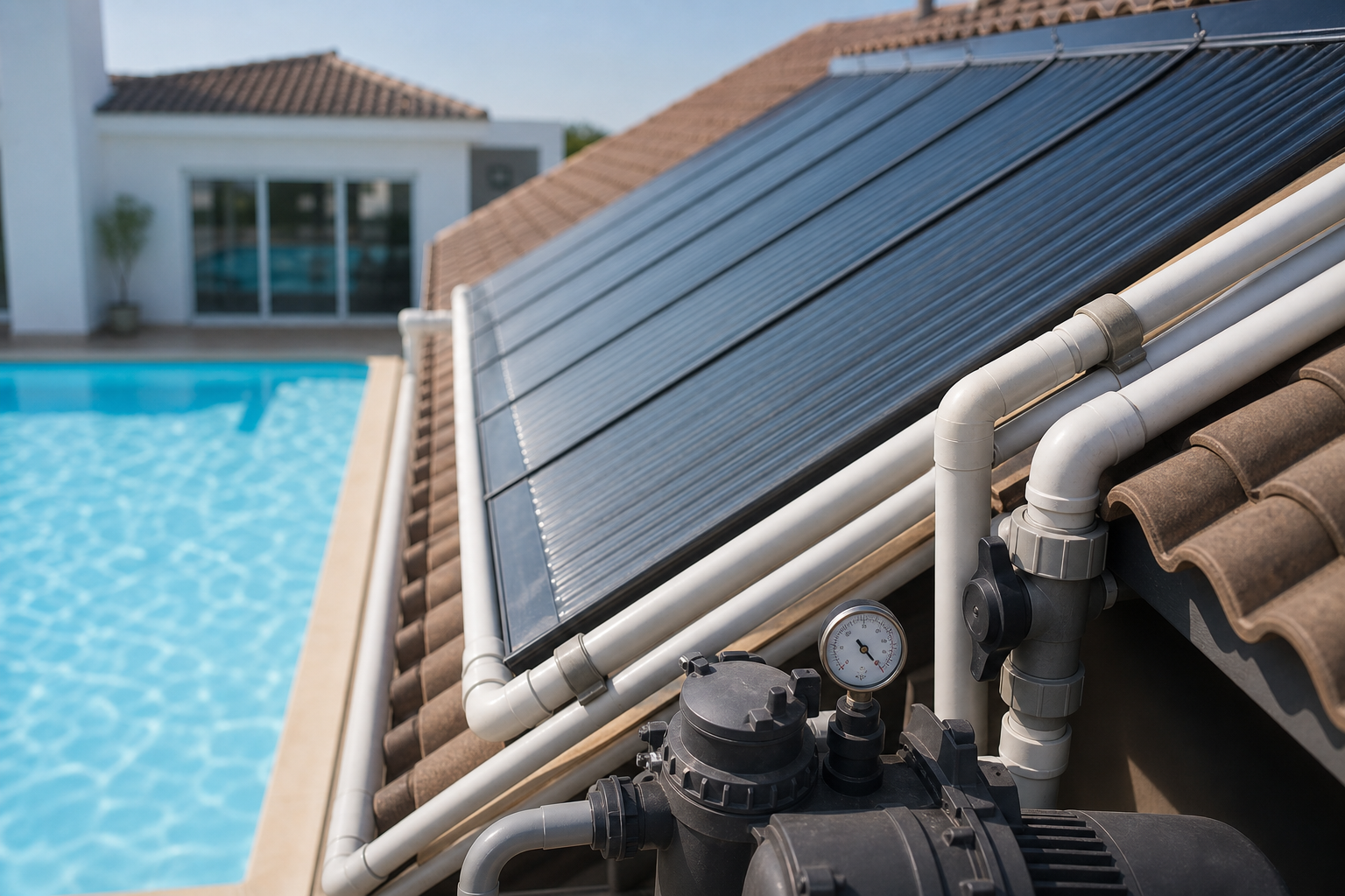 Detalhe de coletor solar de piscina com tubulações registros manômetro bomba e piscina azul ao fundo