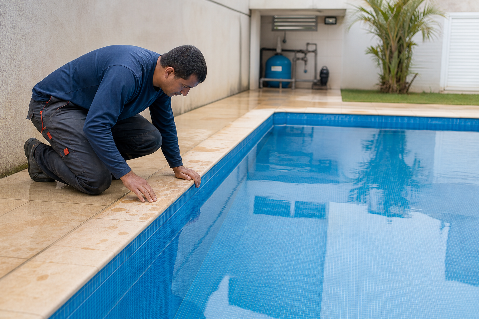 Técnico conferindo acabamento de piscina com vinil azul novo e filtro visível ao fundo