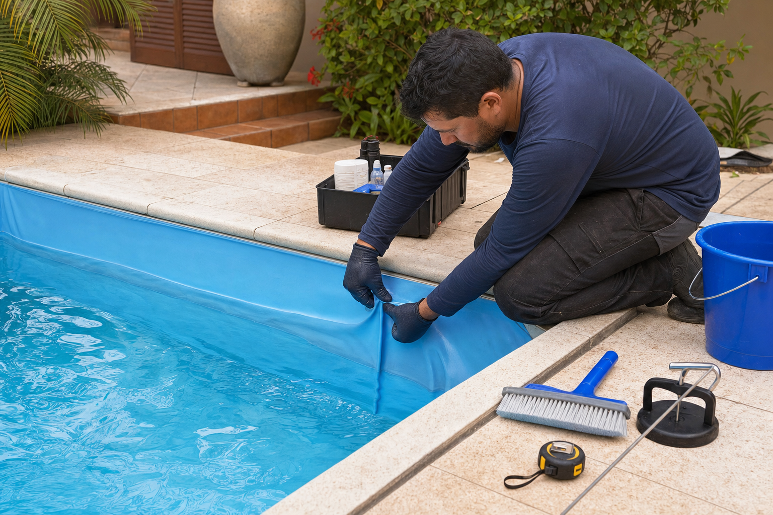 Técnico inspecionando vinil de piscina enrugado na borda