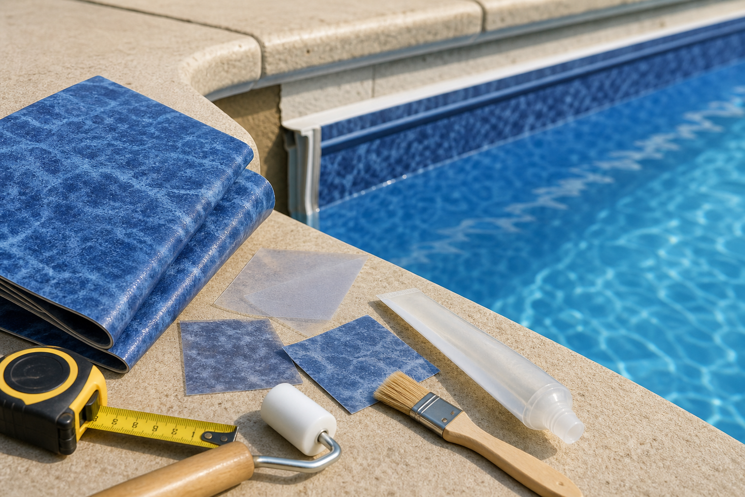 Amostras e ferramentas para reparo ou troca de vinil de piscina