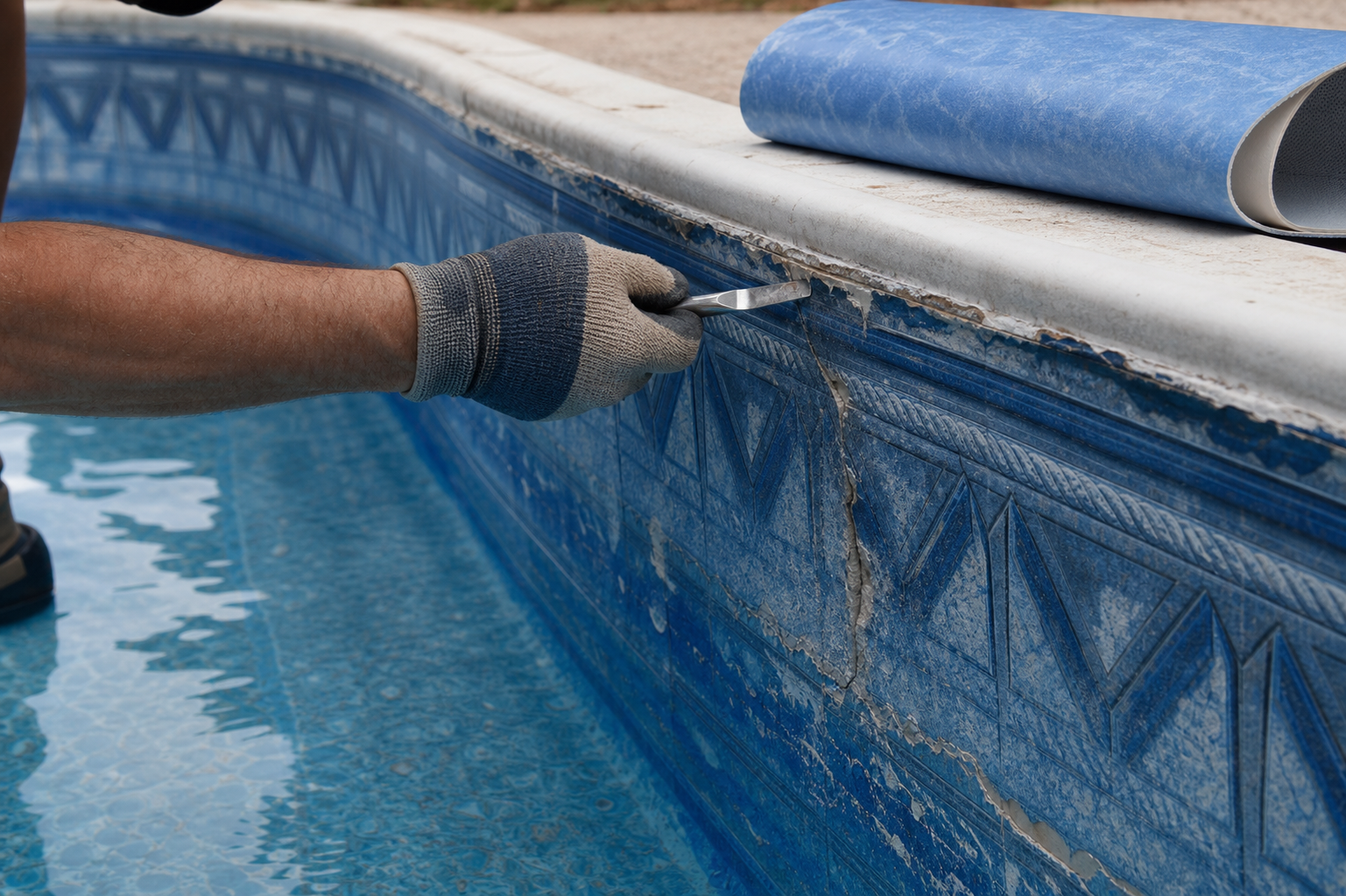 Técnico inspecionando borda de vinil de piscina desgastado antes da substituição