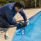 Técnico verificando vinil de piscina solto perto do dispositivo