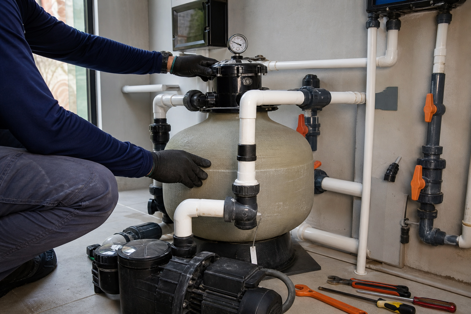 Vistoria técnica em filtro bomba registros e tubulação de casa de máquinas para piscina em Aparecida de Goiânia
