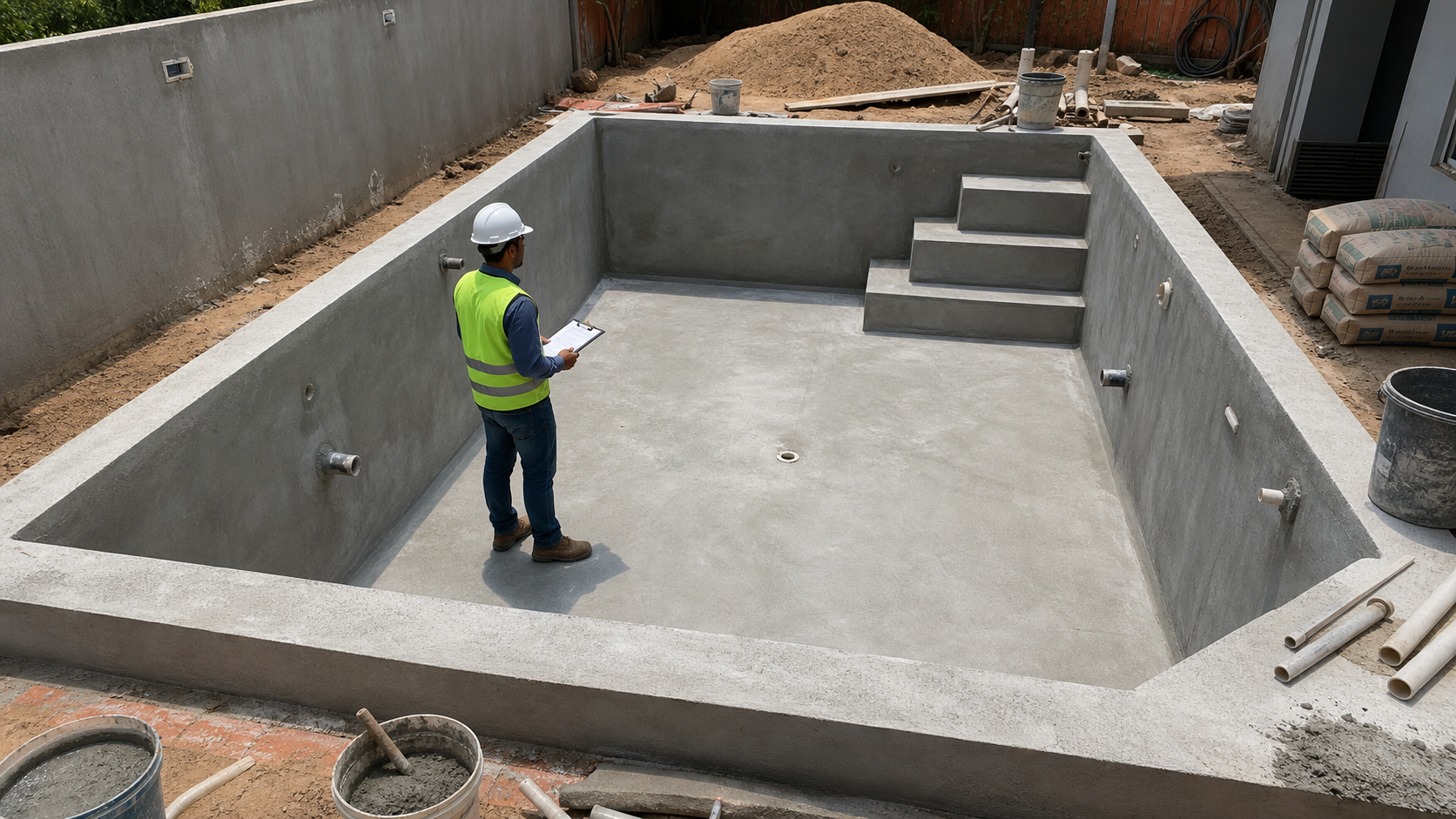 Técnico com prancheta vistoriando piscina de concreto antes do revestimento com escada dispositivos hidráulicos e materiais de obra