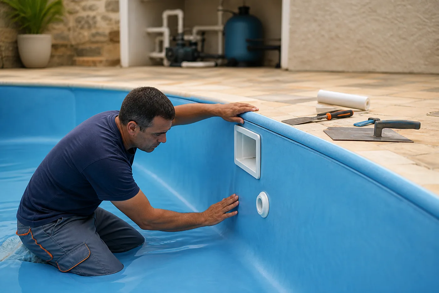 Técnico alisando vinil azul próximo ao skimmer e retorno de piscina residencial