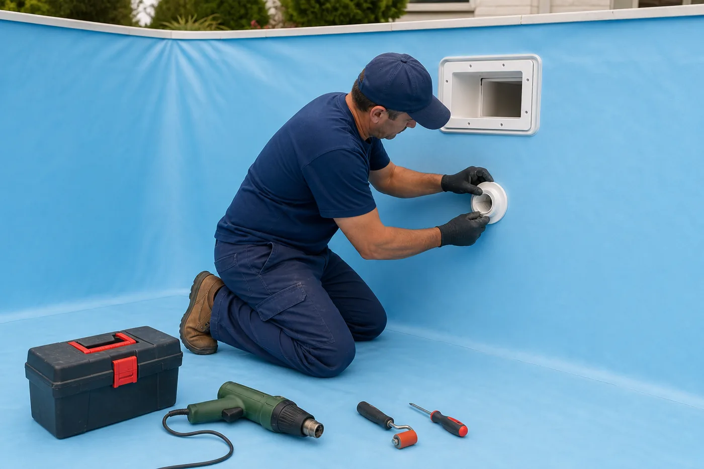 Técnico ajustando acabamento de vinil azul ao redor do skimmer e retorno da piscina