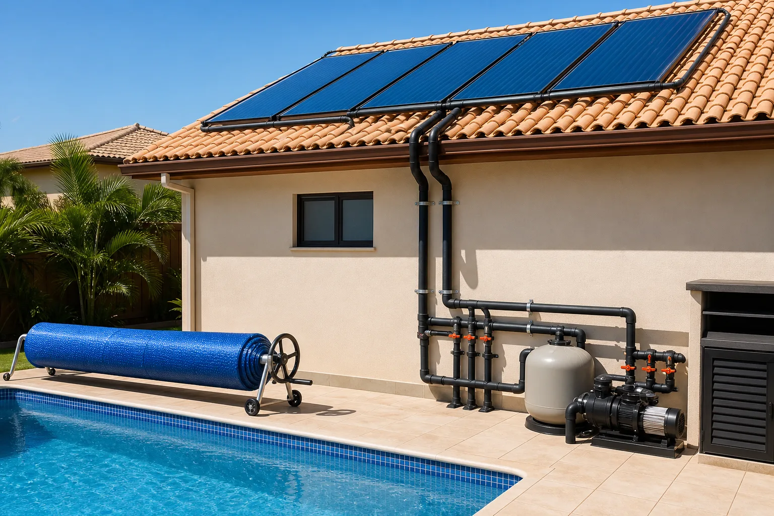 Coletores solares para aquecimento de piscina ligados por tubulação à área da piscina com capa térmica enrolada