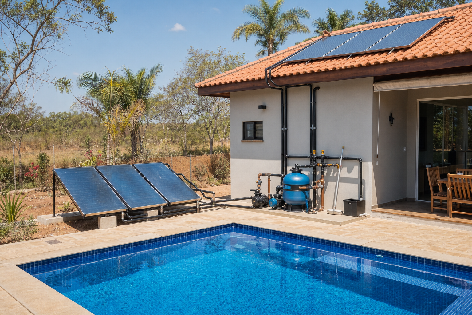 Piscina residencial com coletores solares e tubulação de aquecimento instalados em Aruanã
