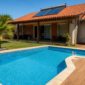 Piscina residencial com coletores solares no telhado para aquecimento da água