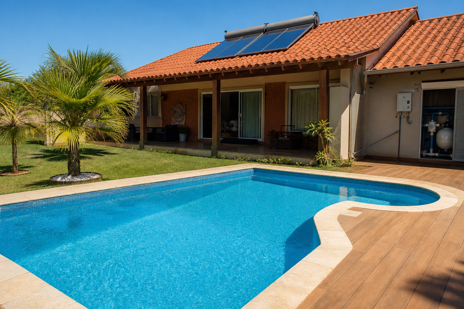 Piscina residencial com coletores solares no telhado para aquecimento da água