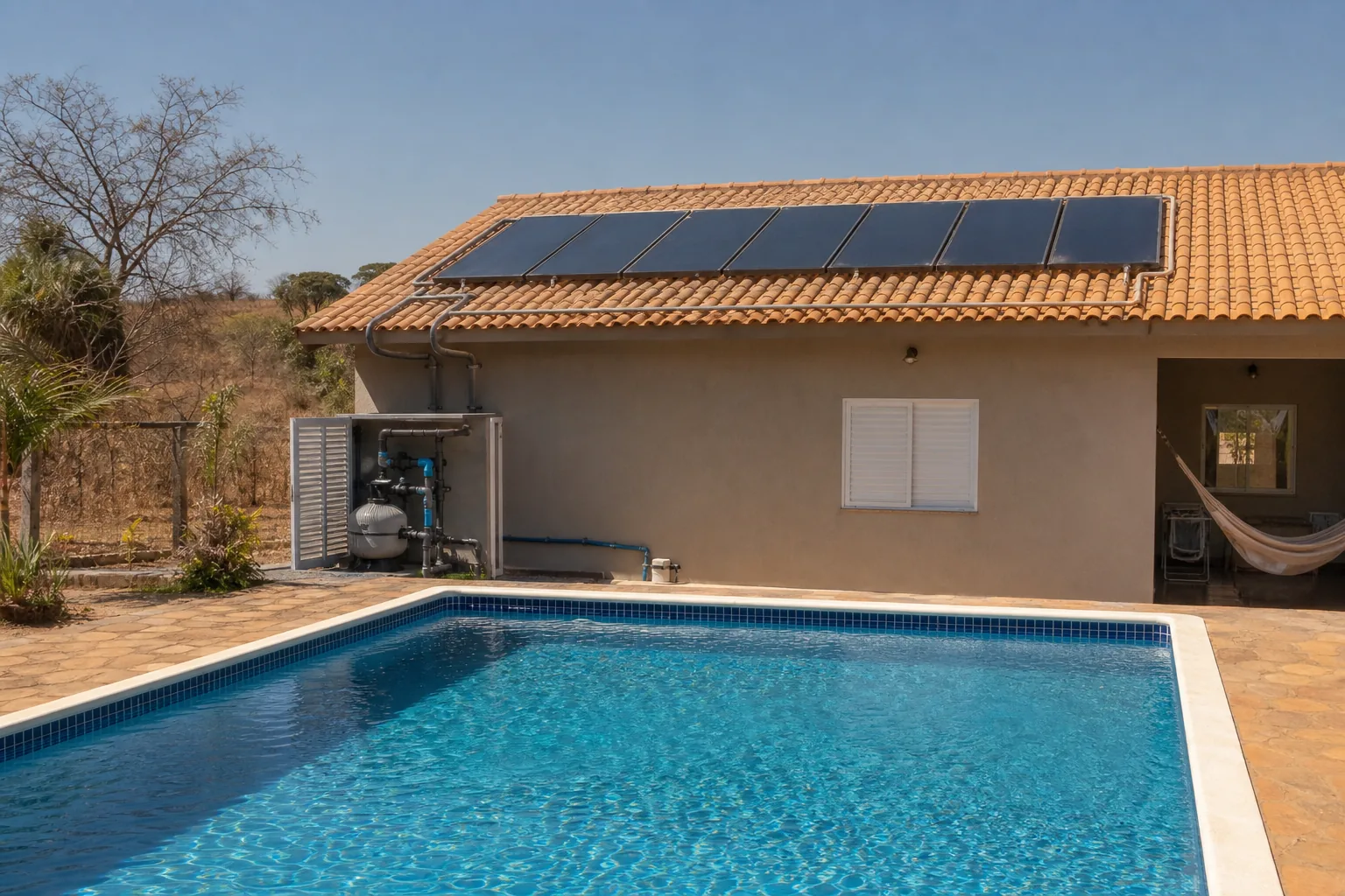 Piscina residencial com coletores solares térmicos no telhado e tubulação hidráulica ligada à casa de máquinas