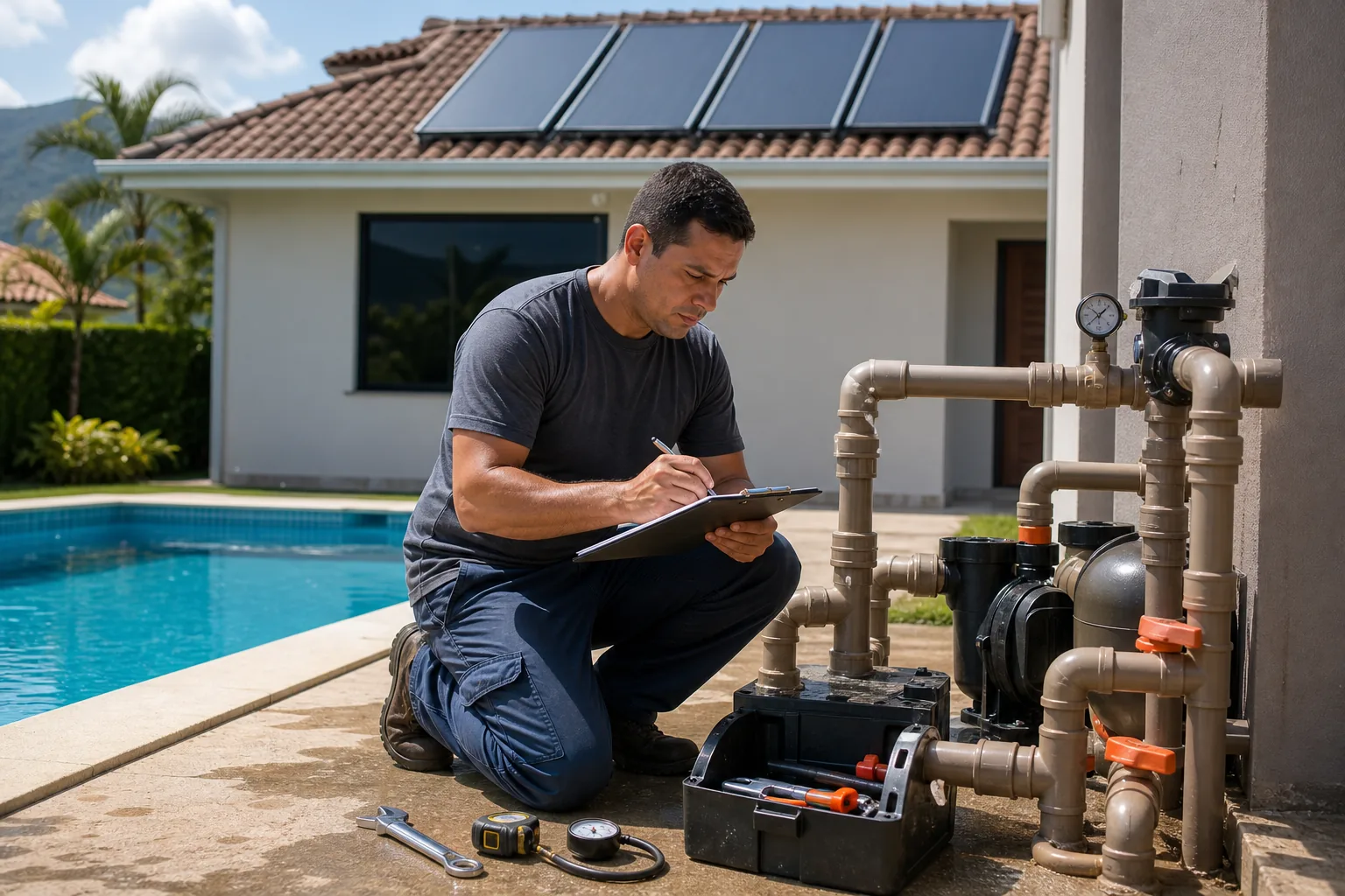 Técnico avaliando registros e tubulação de piscina com coletores solares térmicos no telhado ao fundo