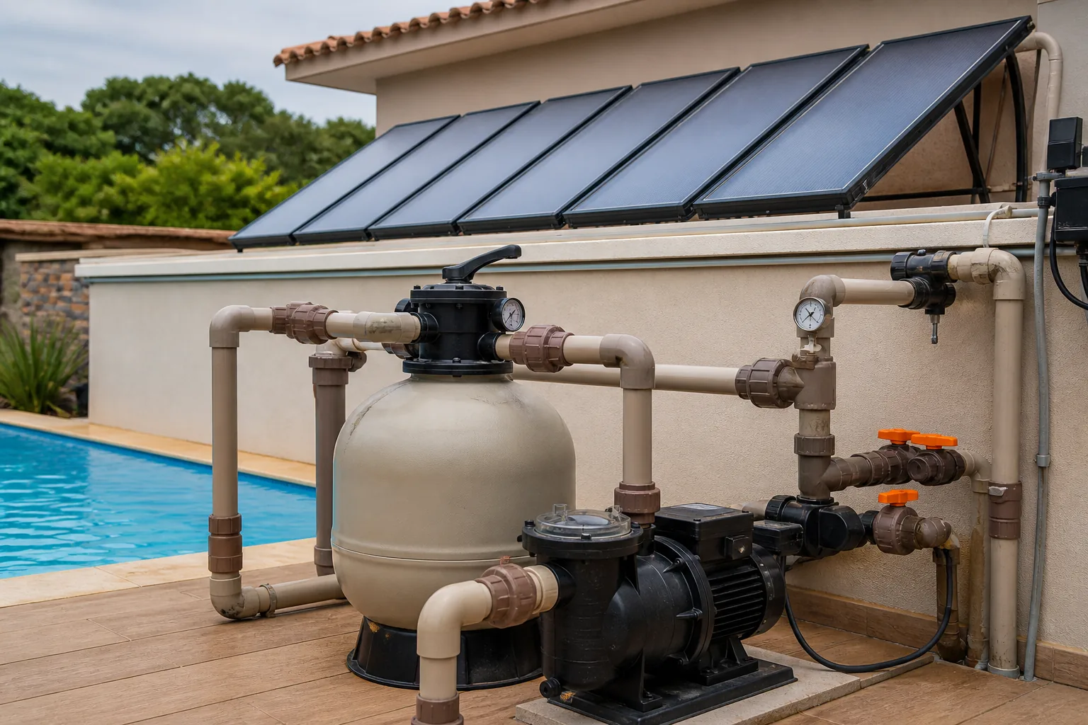 Filtro de areia bomba registros e tubulações de piscina conectados a coletores solares ao fundo