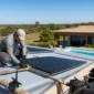 Técnico instalando coletores solares com tubulação e casa de máquinas ao lado de piscina residencial